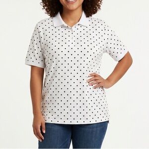 Woman Within Short-Sleeve Polo Tunic Polkadot White & Navy SZ Large NWOT!